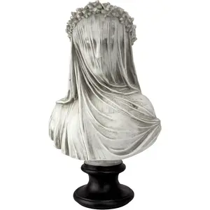 Veiled Maiden Indoor Bust Statue, 9 Inches Wide, 14 Inches Tall, Handcast Polyresin, Antiqued White Finish with a Black Painted Base