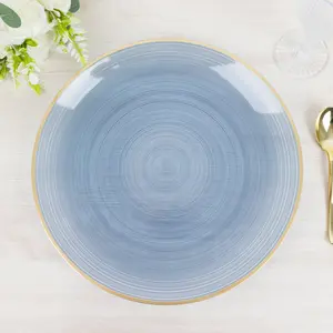 20 Pack Economy Plastic Charger Plates 13" – Transparent Dusty Blue Swirl Design with Gold Rim, Stylish Table Chargers