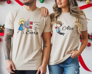 Personalised Couple T Shirts, Custom Name Matching Shirts, Cute Cartoon Love Magnet Design, Anniversary Gift
