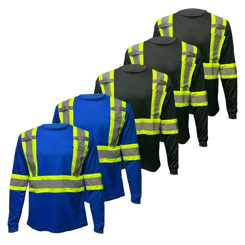 5 Pack - High Visibility Black or Blue long sleeve safety shirt with 2" reflective strip (SEE DESCRIPTION FOR SIZE INFO)
