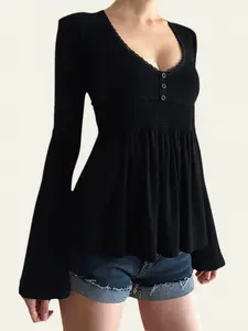 Women's Solid Color Square Neck Long Sleeve Doll Top T-Shirt, Inner Layered Upper Garment for Spring & Fall, Retro Fashion Style Blouse