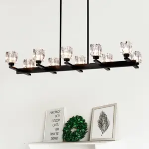 Chandelier for Dining Room, 10-Light Black Farmhouse Linear Pendant Light Fixture, Modern Crystal Hanging Lighting Chandelier for Kitchen Island, Bar, Long Table, G9 Bulb(10*G9*MAX 40W)