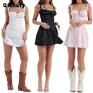 Beautiful Summer Shaping Short Dress Casual Sling Dress Solid Color Tie-Up Fishbone Waist Shaping Sleeveless Backless Short Dress Fashion Party Dress Light Polyester Comfort Lady Underwear Womenswear