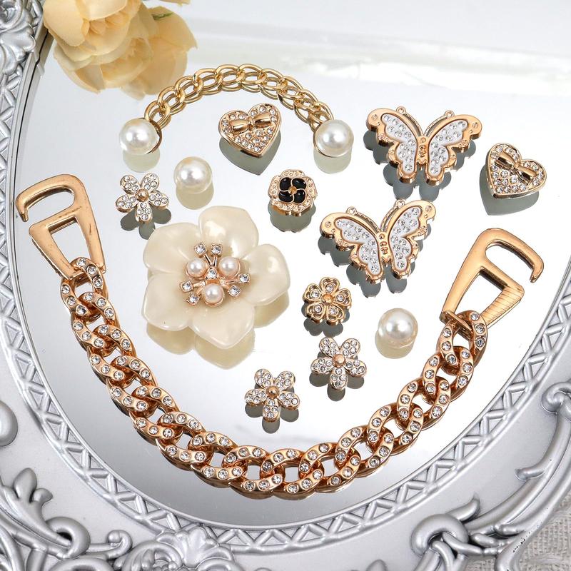 24 Pcs Bling Shoe Charms for Women with Flower Pearl Sparkling Chains & Unique Shapes DIY Accessories for Clog Rhinestone Shoes Chain Charm Cute Shoe Charms for Birthday Party