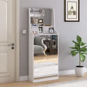 3 - Mirror Shoe Cabinet: Ideal for Entryways, Front Door Entrances, Outdoor Areas & Bedrooms - Stylish White Finish（W760P196529）