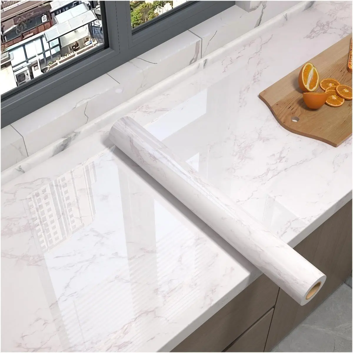 Glossy Dark Marble-Look PVC Peel & Stick Contact Paper, Thick Self-Adhesive Easy-to-Remove Waterproof Decorative Sticker for Kitchen Countertops, Cabinet Refurbishment, Bathroom - Contact Paper Furniture Stickers for DIY Home Renovations