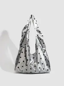 1pc Ladies' silver black polka dot satin soft collapsed large capacity shoulder bag, futuristic, fashionable, casual, sweet and cool daily storage bag, a must-have for ladies