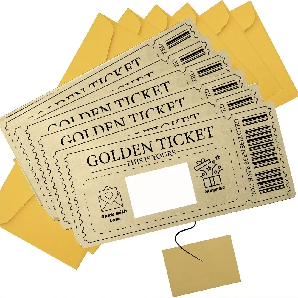Golden Tickets 5Pcs Scratch Off Cards Fun Party Cards with Quality Envelopes Gold Reveal Feature Surprise Ticket Cards for Special Days, Special Events Birthday Thanksgiving Christmas Happy Holidays Small Business