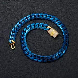 Blue & Gold Miami Cuban Link NecklacePersonalized Fashionable Jewelry | 14mm with Gold Charactor A-Z Diamond Clasp Letter | Industrial Men's Jewelry for Goth/Punk/Hip Hop, Edgy Gift Trendy and Stylish Accessory for Daily Wear and Gifts christmas gift