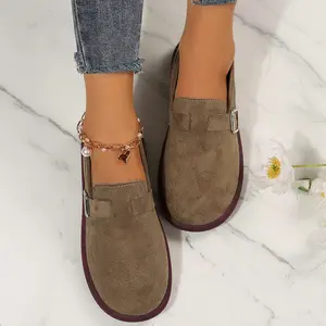 Vintage Suede Mule Loafers for Women Comfortable Buckle Strap Non-Slip Walking Shoes