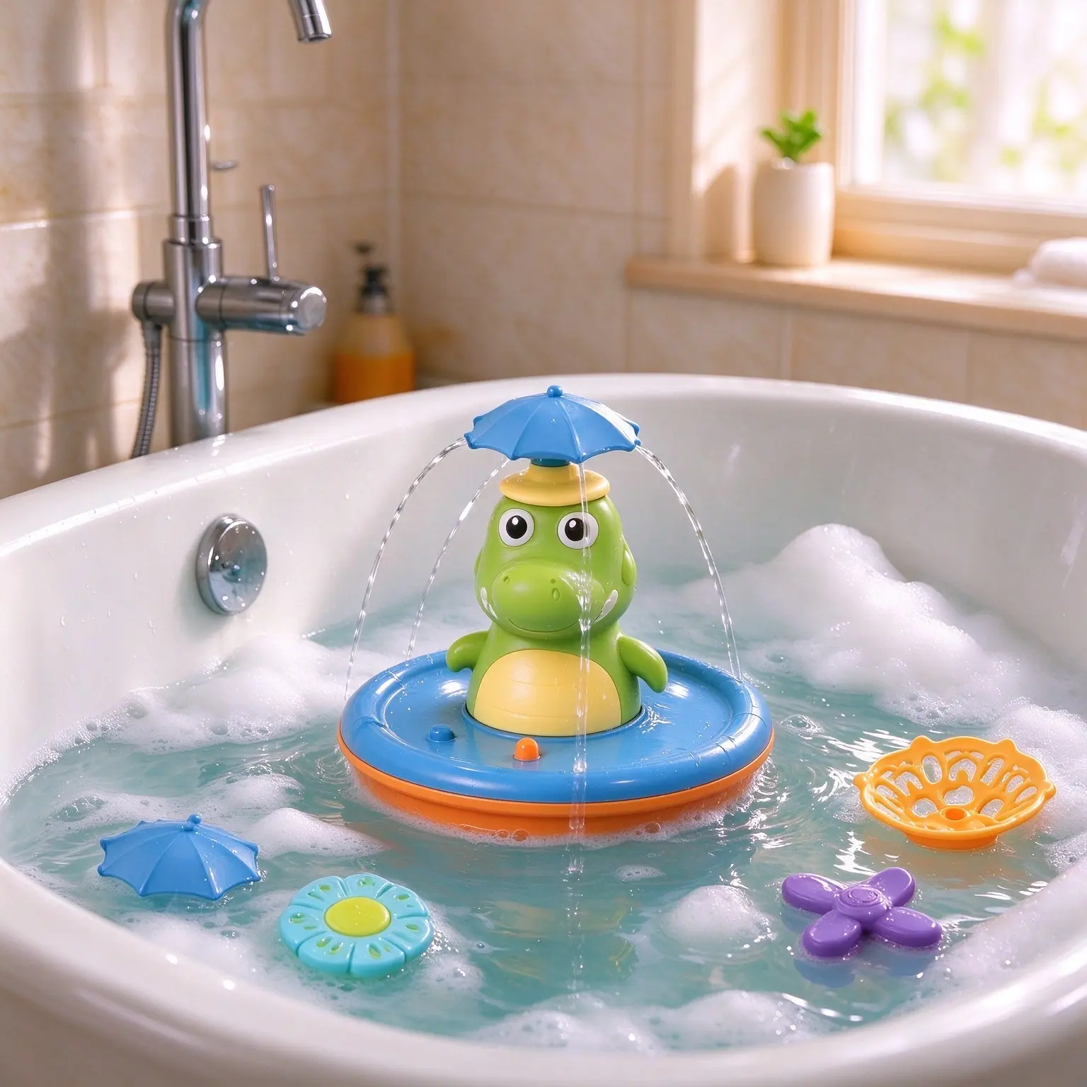 Colorful LED Light-Up Crocodile Bathtub Fountain Toddler Toy, Upgrade From Wind-Up Bath Toys,Auto-Spray Rotating, Multi-Play Modes, Floating Accessories Included, for 1+ Kids' Pool Water Play, Ideal Birthday/Christmas Gift, Toddler Toys