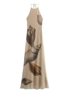 Beach Seashell Print Halterneck Mesh Maxi Dress for Summer - Available in Sizes S, M, L - Chest Length 55.91 Inch