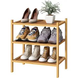 Small Shoe Rack, Bamboo Wood Shoe Rack for Entryway, Stackable |   Foldable |   Natural, 3-Tier Shoe Organizer for Hallway Closet, Free Standing Shoe Racks for Indoor & Outdoor