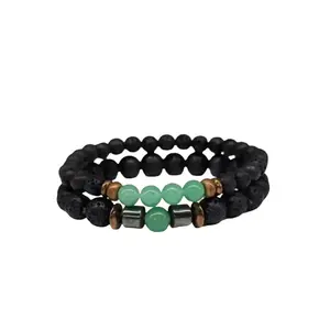 Green Aventurine & Black Lava Stone Bracelet Set - 6mm & 8mm Gemstone Beads, Aromatherapy Diffuser
