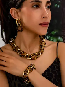 Vintage Bohemian Leopard Print Jewelry Set, Bracelet Necklace Earrings, Fashionable All-Match Accessory, Perfect for Daily Wear and Gifts, Hoop Earring Sets