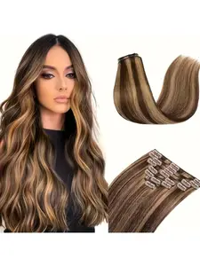 8pcs Remy Human Hair Clip-In Extensions Hair Pieces for Women, Chocolate Brown to Caramel Blonde, 18 Clips, Real Hair Weft, Easy Wear for Daily Use #P4/27, Straight Hair, Elegant Style