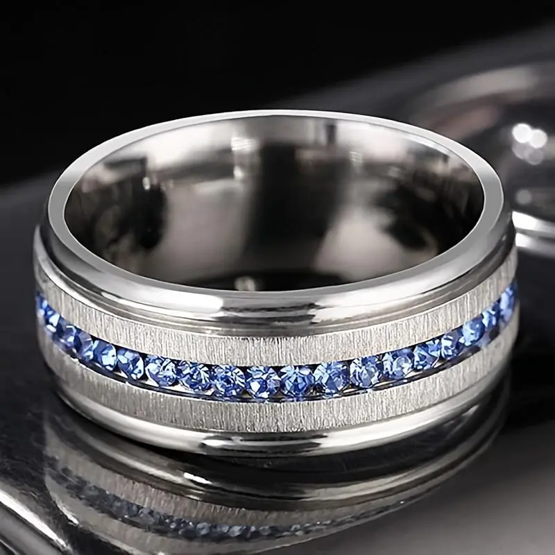 Men's Classic Ring, 8mm Stainless Steel Band with a Single Row of Blue Rhinestones, Daily Wear Jewelry, Rhinestone Decorated Ring