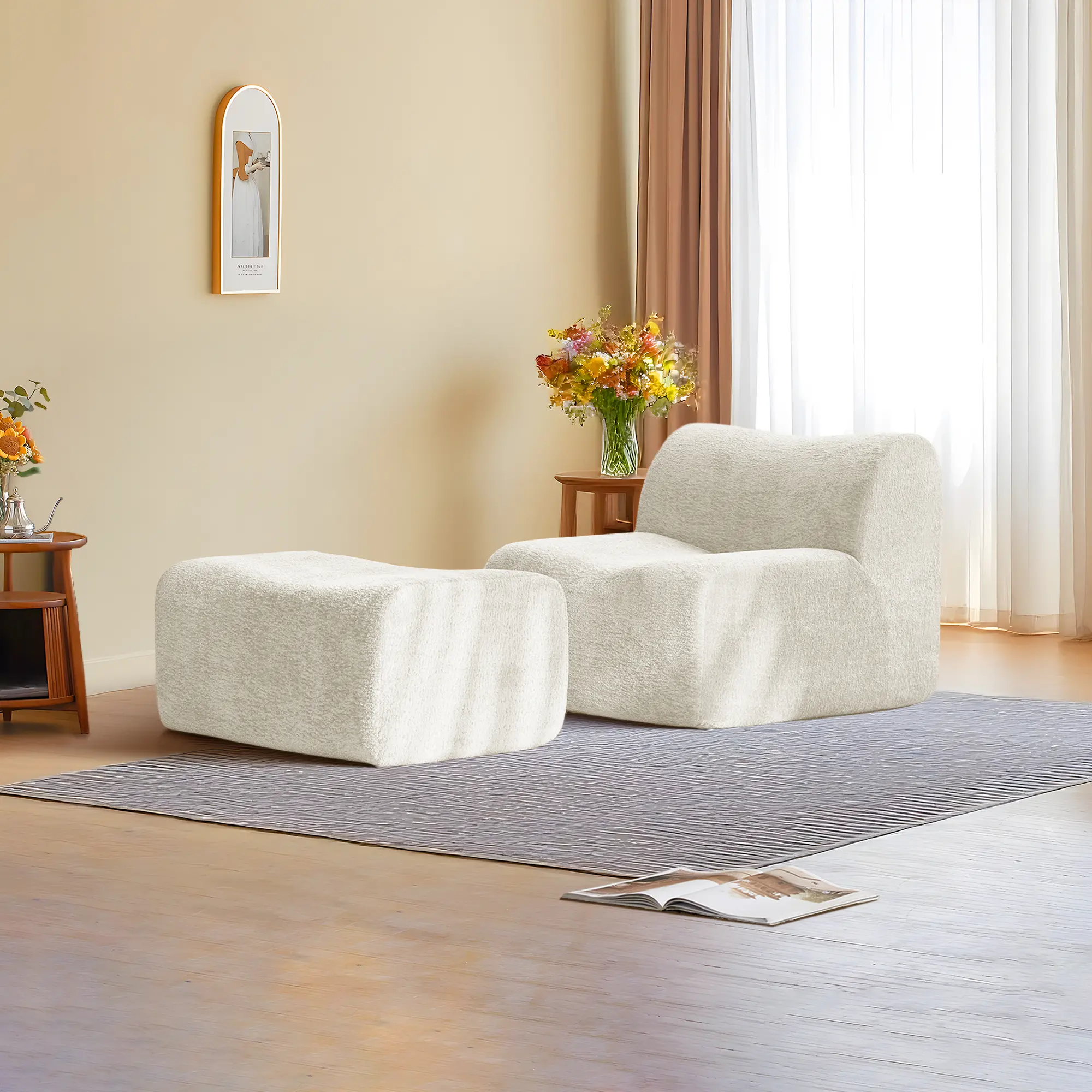 Lazy Sofa Chair with Ottoman, Modern Comfy Raindrop Velvet Fabric Cloud Lounge Chair Movable Ottoman Set, Single Couch for Living Room, Bedroom, Office, Salon