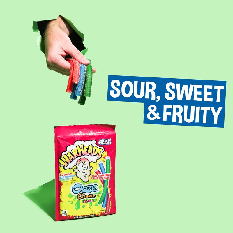 Warheads Ooze Chewz Ropes - 3 oz Bags - 3 Pack - Watermelon, Blue Raspberry & Green Apple Flavors - Double Sour Delight - Tangy Licorice Ropes with Sour Filling - Sweet & Sour Snack Bonbon Candy Candies Chewy