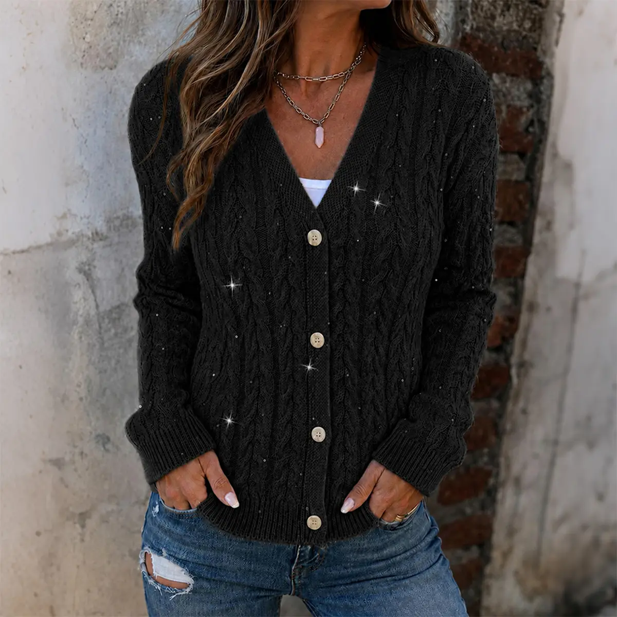 CHICME Women's Sequin Cable Knit Cardigan V Neck Button Down Slim Fit Long Sleeve Sweater