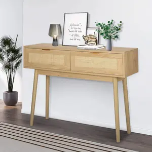 Entryway Table,Console Table, Hallway Table with Wood, Sofa Tables with 2 Rattan Storage Drawers for Foyer, Bedroom, Hallway, Living Room Entryway（Natural） Modern Minimal Interior
