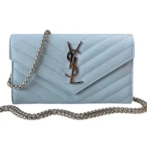 Pre-owned Yves Saint Laurent leather Crossbody Bags SAINT LAURENT Sky Blue Grained SHW Cassandra Clutch with Chain