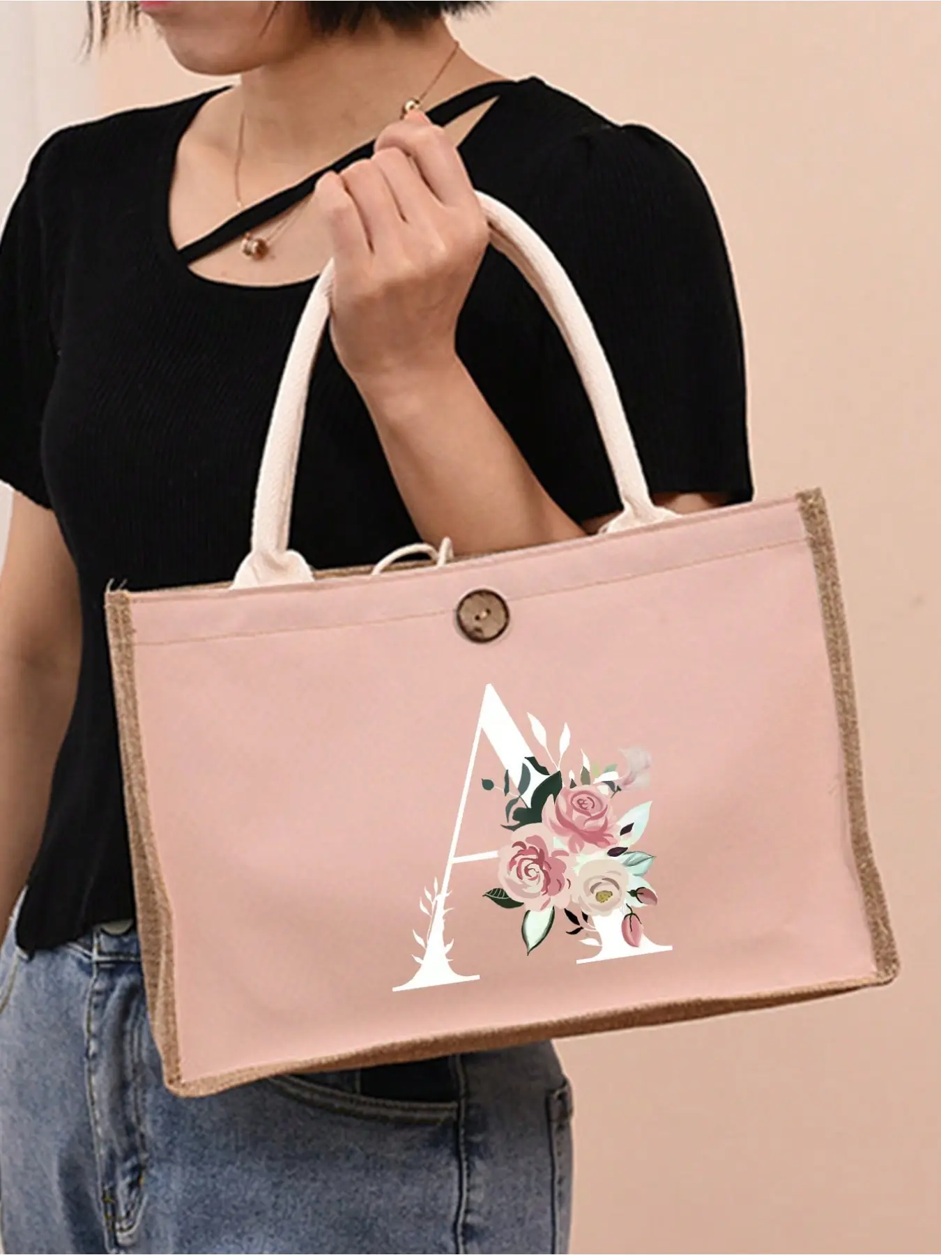 Pink letter handbag with initial letters A-Y printed pattern, gift bag, large capacity durable lightweight handbag, Fashionable handbag, Stylish handbag, beach bag, outdoor camping bag, buckle decoration design
