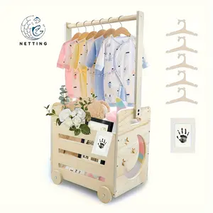 Wooden Baby Shower Crate Closet with Wheels, Higher Handle, Pushable Baby Basket, Storage Crate for Newborns, Gifts for New Parents