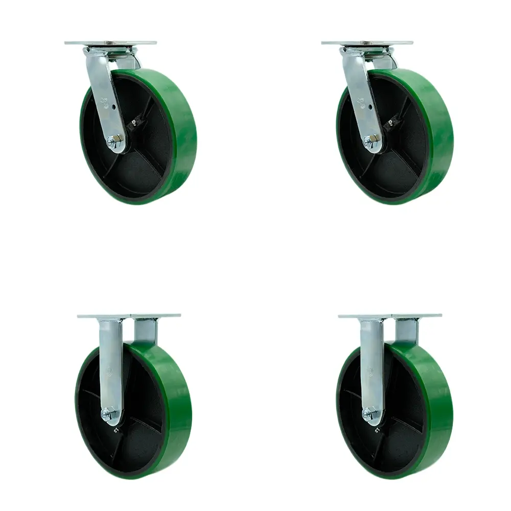 Service Caster SCC-30CS820-PUR-GB-BSL-2-R-2 Polyurethane on Cast Iron Swivel Top Plate Casters, Heavy Duty with 8 in. Green Wheels - 5000 lbs Total Capacity - Set of 4