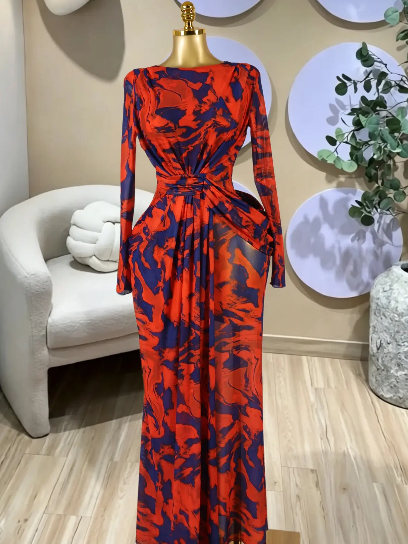 PULKRITU Elegant Women's Long Sleeve Pleated Bodycon Print Maxi Evening Prom Dress, Formal Summer Holiday Birthday Party Outfit Sexy Vacation Long Dress, Graduation Dress,Evening Event Clothing,Formal Wear