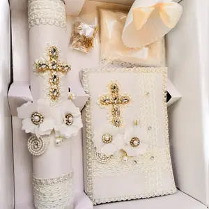 5pcs Baptism Candle set Ivory. Set De Vela Para Bautizo English & Spanish Christening Candle Traditional Ornaments