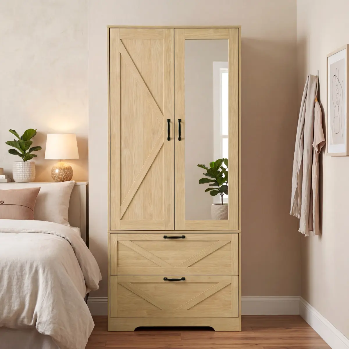 Aobtkel 2-Door Wood Double Wardrobe for Bedroom - Drawer Compartments, LED Illuminated, Mold-Resistant, Neutral Home Wardrobe with Hanging Rod, 2 Drawers, Built-In Induction Light, Mirror, Natural Finish, Drawer Compartments Wardrobes, Led Illuminated Wa