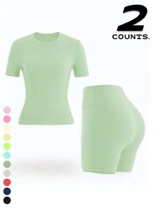 New Women's Sportswear Set Short Sleeve Top + Shorts Combo, Activewear Clothing, Slim-Fitting Summer for Yoga, Gym, Outdoor Sports, Casual Wear
