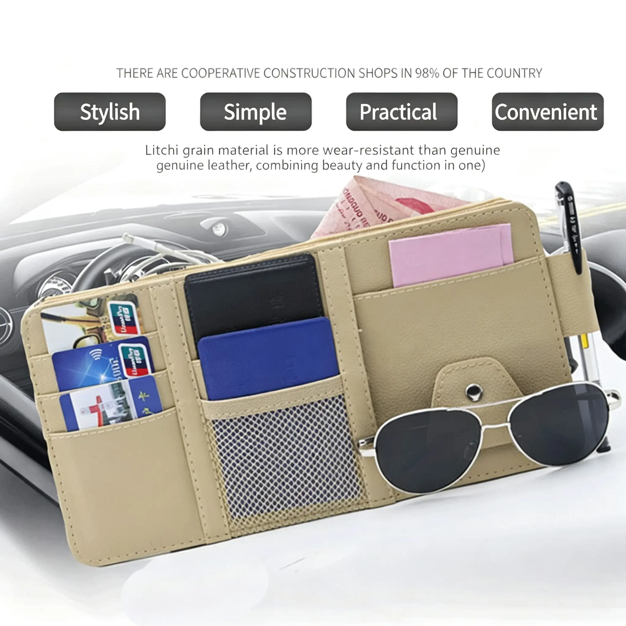 Car Sun Visor Organizer, Auto Car Interior Leather Accessories Storage Pocket Sun Visor Pouch Case Bag for Card License Registration Pen Mobile Phone Bill Note Key Document