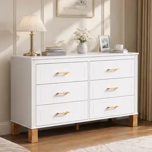 ARCH 6-Drawer Double Dresser Storage Cabinet, 47.24" Wide Modern Chest of Drawers with Metal Handles & Solid Wood Legs, Heavy-Duty Wooden Organizer for Kids Bedroom, Nursery, Entryway, White, White Color Options, Solid Wood+MDF Material