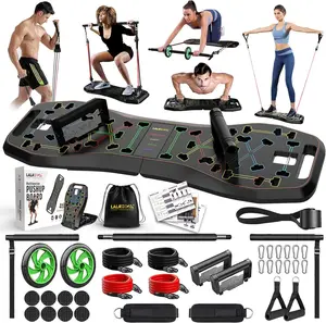 LALAHIGH Portable Home Gym System: Large Compact Push Up Board, Pilates Bar & 20 Fitness Accessories with Resistance Bands & Ab Roller Wheel - Full Body Workout for Men and Women, Gift for Boyfriend