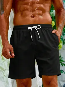 Men's Solid Color Drawstring Waist Swim Shorts, Casual Sporty Breathable Comfortable Swim Shorts, Men's Swimwear Bottoms for Beach Swimming