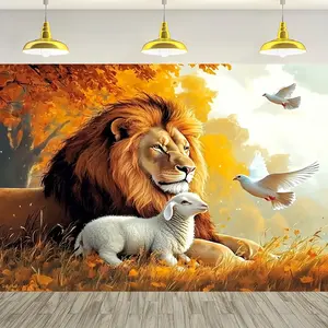 60in x 40in 1pc, Versatile Lion and Lamb Decorative Banner Animal Theme Durable Polyester, No Power Required, with Holes Generically Fits Holiday Atmosphere Backgrounds