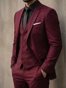 Men’s solid-color slim-fit suit set for business/formal occasions and weddings—groom attire includes blazer, vest, and trousers.