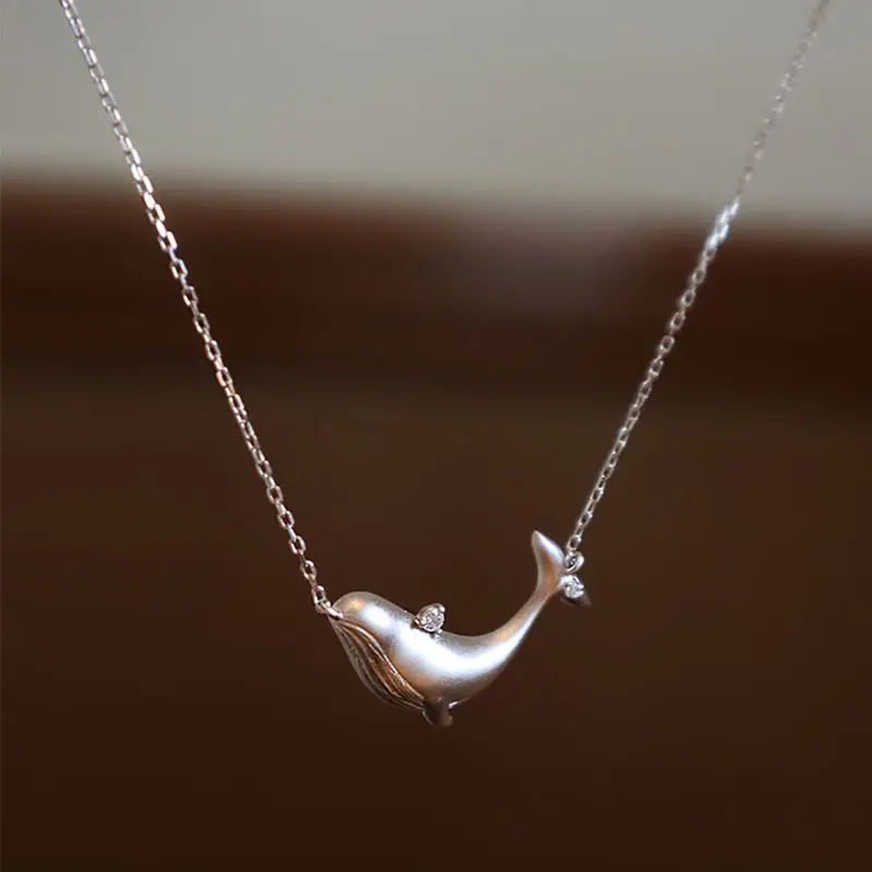 Whale Necklace for Women, Minimalist Matte Silver Pendant with Crystal Bling Effect, Dainty Anti-Tarnish Chain with Adjustable Length for Daily Wear, Crystal Accent