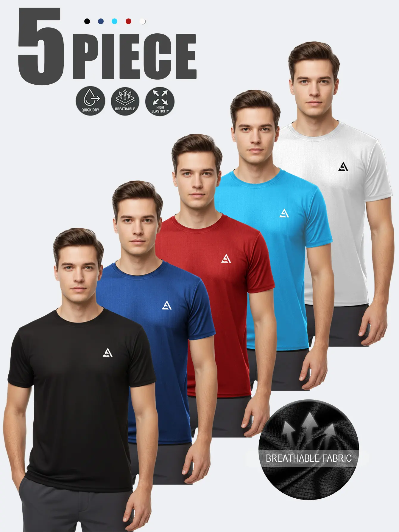Set of 5 men’s summer casual fashion short-sleeve T-shirts with letter print design, suitable for casual outings and outdoor sports wear. tiktokshopbacktoschool