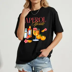 Women's Aperol Spritz Graphic T-Shirt, Summer Cocktail Illustration Tee, Tropical Beach Vacation Short Sleeve Top, Cute Party Apparel