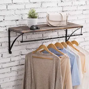 Wall Mounted Rustic Torched Wood Floating Shelf with Black Metal Garment Rack