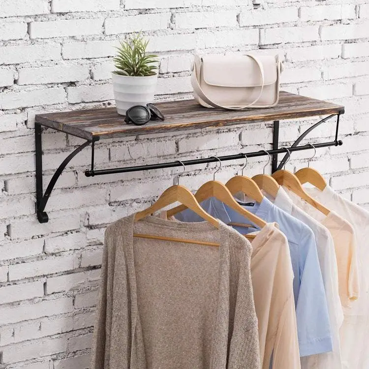 Wall Mounted Rustic Torched Wood Floating Shelf with Black Metal Garment Rack