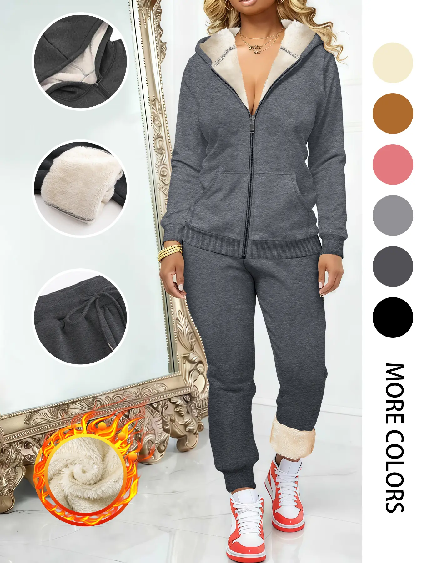 2-Piece Casual Basic Fleece-Lined Hooded Long Sleeve Sweatshirt Outfit Set, Zipper Jacket & Long Pants, Fall & Winter Fashion, Regular Fit, Fitted, Plain Pattern, Womenswear Clothes