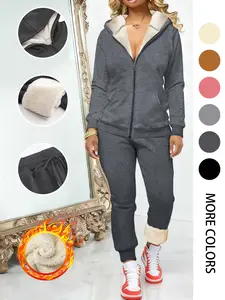 2-Piece Casual Fleece-Lined Hooded Sweatshirt Set, Zipper Jacket & Long Pants, Fall & Winter Fashion, Regular Fit, Plain Pattern