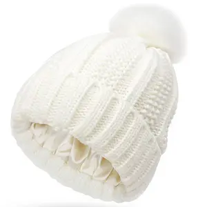 Womens Winter Beanie Hat Satin Lined Knitted Beanie Hat Warm Soft Ski Cuff Cap with Pom Pom