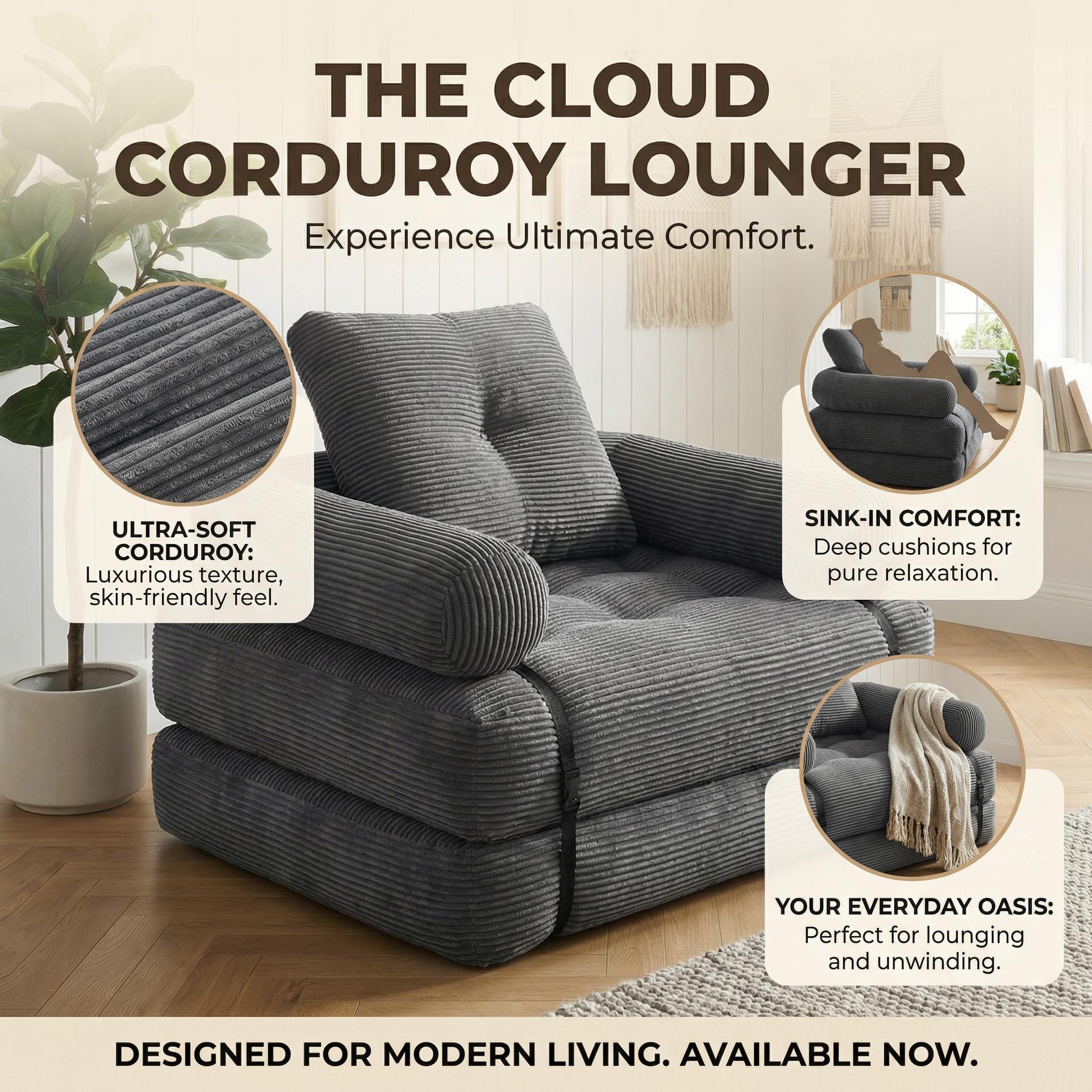 Del Mar loveseat Convertible Single Seater Sofa Bed Boneless Floor Couch Sleeper with Armrests, Soft Corduroy Foldable Lazy Sofa Chair for Living Room/Bedroom