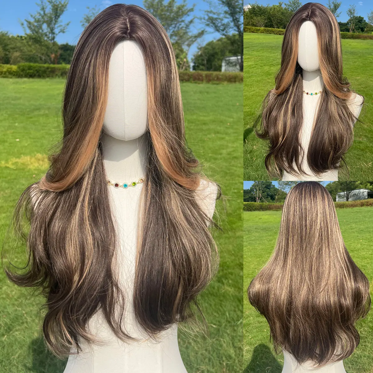 SMILCO 24inch Brown with Blonde  Highlight Wavy Wig SM9346