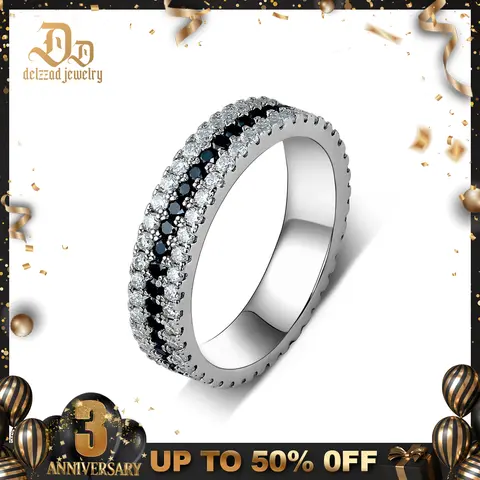 Delzzad Handmade Pave Ring Band Black and White Synthetic Moissanite S925 Christmas Gift